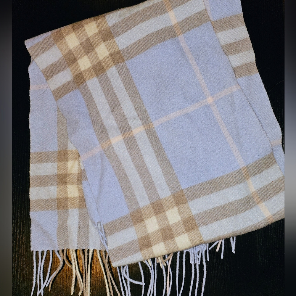 Burberry 100% Cashmere Scarf Light Blue Tartan Plaid